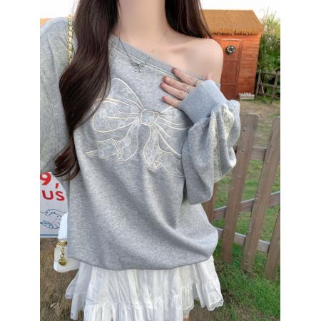 FA49708# 华棉复合薄款/加绒斜肩卫衣女感蕾丝花边重工刺绣