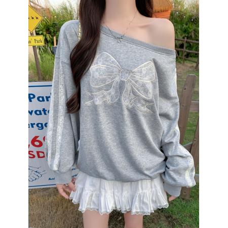 FA49708# 华棉复合薄款/加绒斜肩卫衣女感蕾丝花边重工刺绣