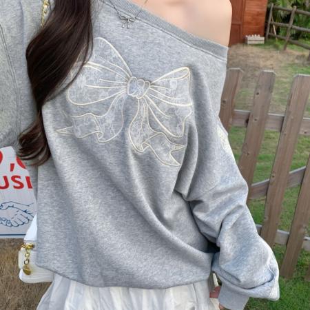 FA49708# 华棉复合薄款/加绒斜肩卫衣女感蕾丝花边重工刺绣