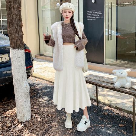 FA49710# 针织半身裙女秋冬季加厚毛线百褶裙小个子半裙a字伞裙