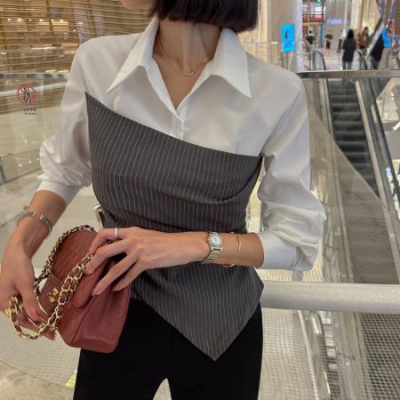 FA49713# 假两件衬衫轻熟性感修身条纹拼接白衬衣女别致小众设计感上衣