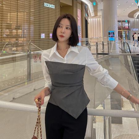 FA49713# 假两件衬衫轻熟性感修身条纹拼接白衬衣女别致小众设计感上衣