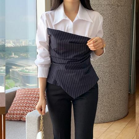 FA49713# 假两件衬衫轻熟性感修身条纹拼接白衬衣女别致小众设计感上衣