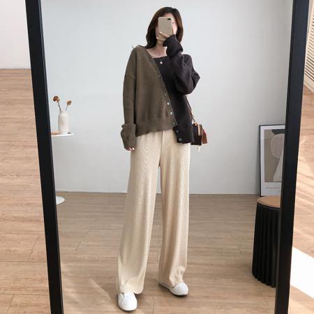 FA49714# 不规则斜纽扣设计感撞色长袖针织衫女韩版宽松显瘦毛衣打底衫