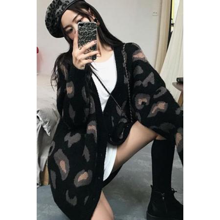 FA49715# 粉色V领豹纹毛衣女秋冬外穿韩版宽松显瘦慵懒风毛线针织开衫外套