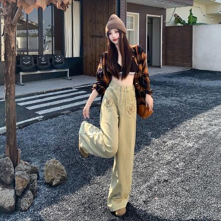 FA49717# 美拉德卡其黑金美式复古绣花牛仔裤拖地裤甜辣女新款宽松阔腿裤