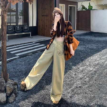 FA49717# 美拉德卡其黑金美式复古绣花牛仔裤拖地裤甜辣女新款宽松阔腿裤