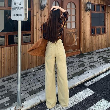 FA49717# 美拉德卡其黑金美式复古绣花牛仔裤拖地裤甜辣女新款宽松阔腿裤