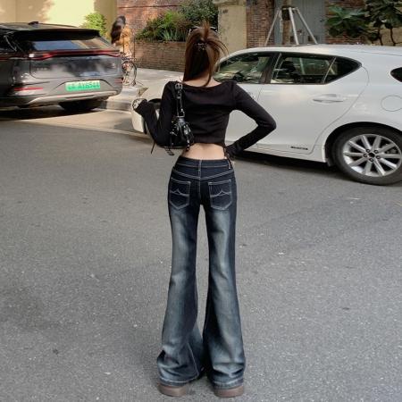 FA49718# 蓝灰美式中低腰微喇牛仔裤女弹力宽松不贴腿个性擦白显瘦拖地裤