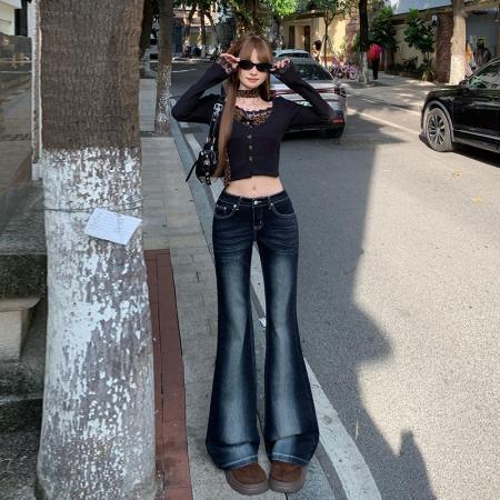 FA49718# 蓝灰美式中低腰微喇牛仔裤女弹力宽松不贴腿个性擦白显瘦拖地裤