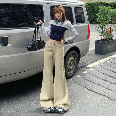 FA49719# 卡其色微喇不贴腿牛仔裤女美式复古中低腰显瘦长裤