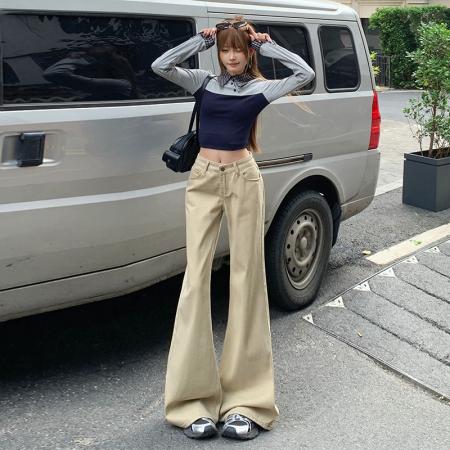 FA49719# 卡其色微喇不贴腿牛仔裤女美式复古中低腰显瘦长裤