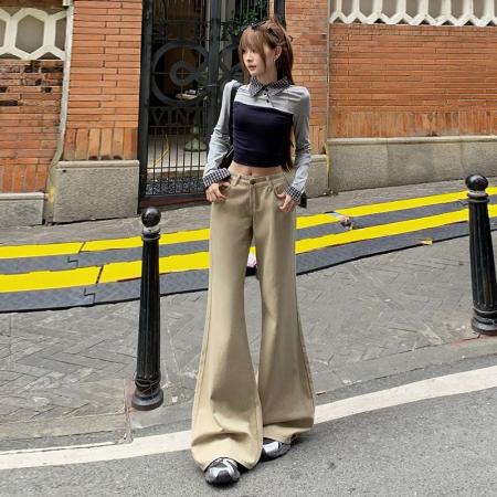 FA49719# 卡其色微喇不贴腿牛仔裤女美式复古中低腰显瘦长裤