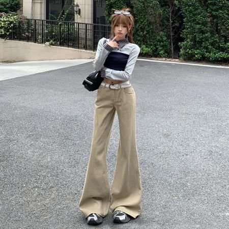 FA49719# 卡其色微喇不贴腿牛仔裤女美式复古中低腰显瘦长裤