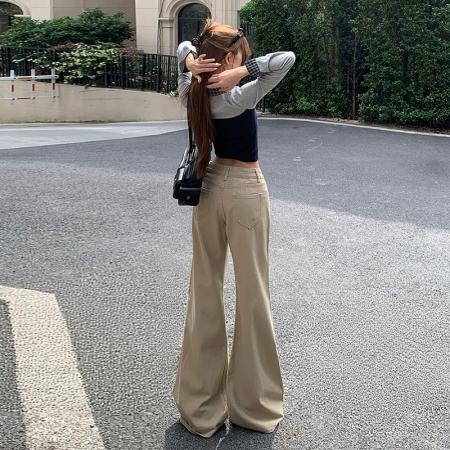 FA49719# 卡其色微喇不贴腿牛仔裤女美式复古中低腰显瘦长裤