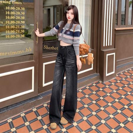 FA49720# 美式黑灰宽松阔腿裤百搭拖地牛仔裤女街头感