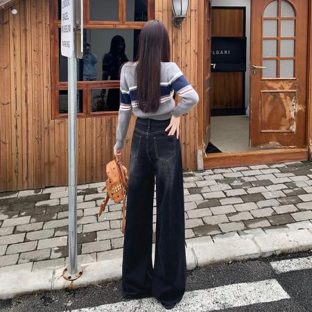 FA49720# 美式黑灰宽松阔腿裤百搭拖地牛仔裤女街头感