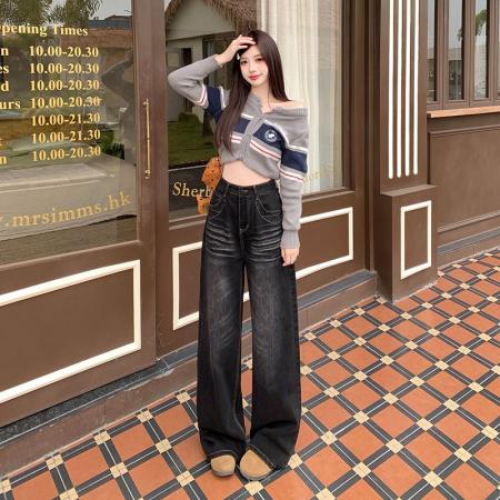 FA49720# 美式黑灰宽松阔腿裤百搭拖地牛仔裤女街头感