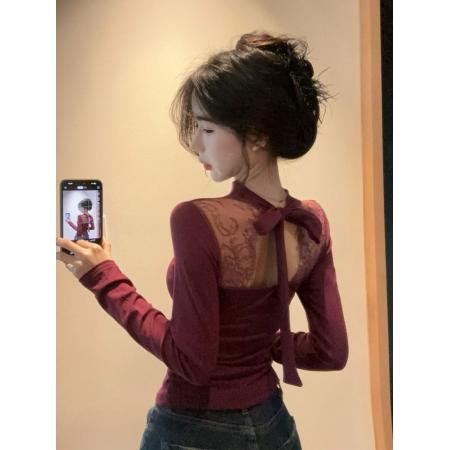 FA49721# 人棉磨毛黑色蕾丝拼接挂脖v领针织衫女气质长袖修身打底衫上衣