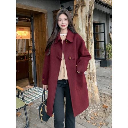 FA49722# 灰色盘扣设计毛呢大衣女秋冬新款中长款小个子赫本风毛呢外套
