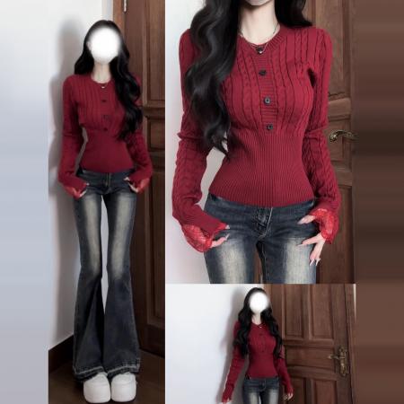 FA49723# 新年穿搭红色毛衣女款新款冬季慵懒高级感修身显瘦针织衫上衣