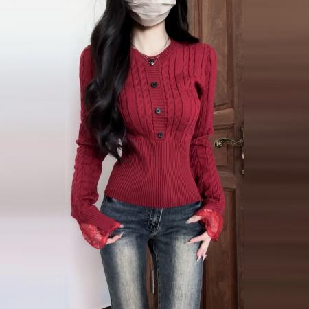 FA49723# 新年穿搭红色毛衣女款新款冬季慵懒高级感修身显瘦针织衫上衣