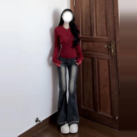 FA49723# 新年穿搭红色毛衣女款新款冬季慵懒高级感修身显瘦针织衫上衣