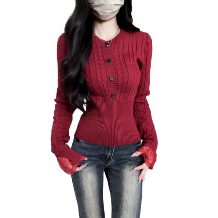 FA49723# 新年穿搭红色毛衣女款新款冬季慵懒高级感修身显瘦针织衫上衣