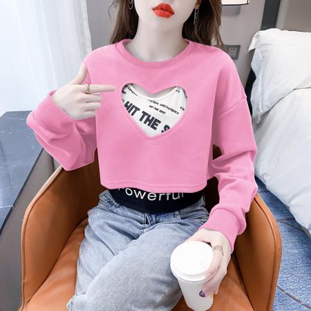 FA49724# 秋季新款韩版两件套爱心印花镂空卫衣女小个子短款上衣