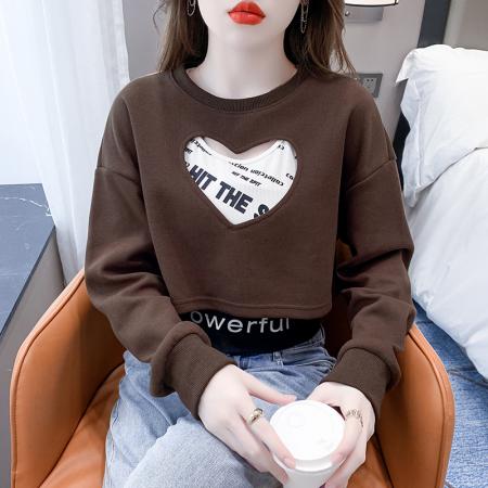 FA49724# 秋季新款韩版两件套爱心印花镂空卫衣女小个子短款上衣