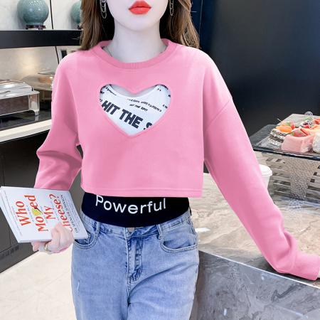 FA49724# 秋季新款韩版两件套爱心印花镂空卫衣女小个子短款上衣