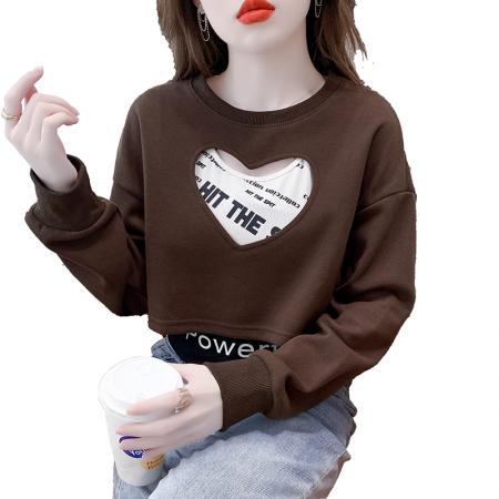 FA49724# 秋季新款韩版两件套爱心印花镂空卫衣女小个子短款上衣