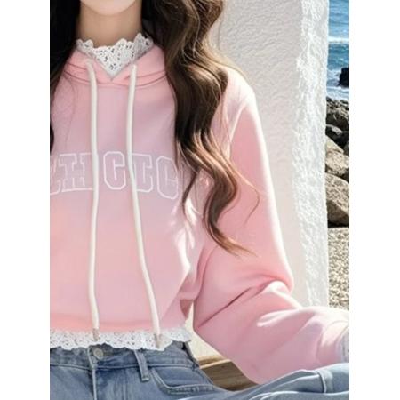 FA49726# 春秋独特别致甜辣妹刺绣连帽卫衣女设计感小众蕾丝拼接绝美上衣