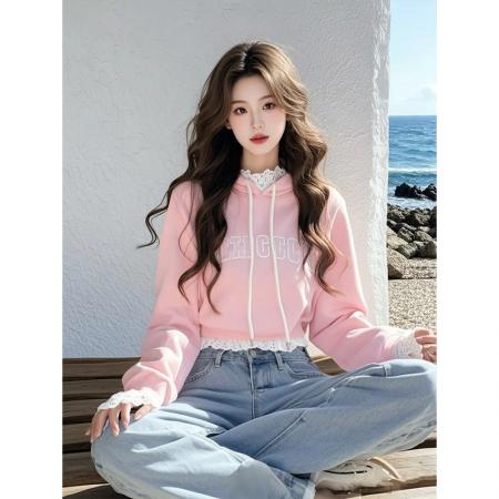 FA49726# 春秋独特别致甜辣妹刺绣连帽卫衣女设计感小众蕾丝拼接绝美上衣