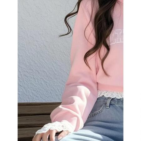 FA49726# 春秋独特别致甜辣妹刺绣连帽卫衣女设计感小众蕾丝拼接绝美上衣