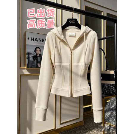 FA49727# 秋冬独特别致加绒加厚连帽卫衣女外套设计感小众收腰拉链长袖上衣