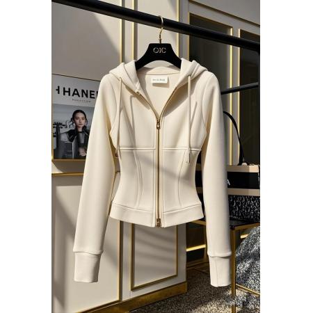 FA49727# 秋冬独特别致加绒加厚连帽卫衣女外套设计感小众收腰拉链长袖上衣