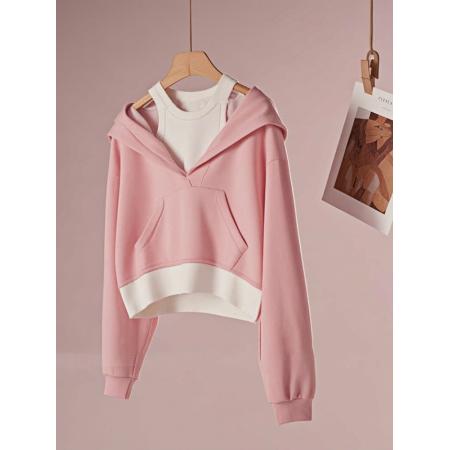 FA49728# 秋冬独特粉色假两件连帽卫衣女设计感小众超好看宽松长袖绝美上衣