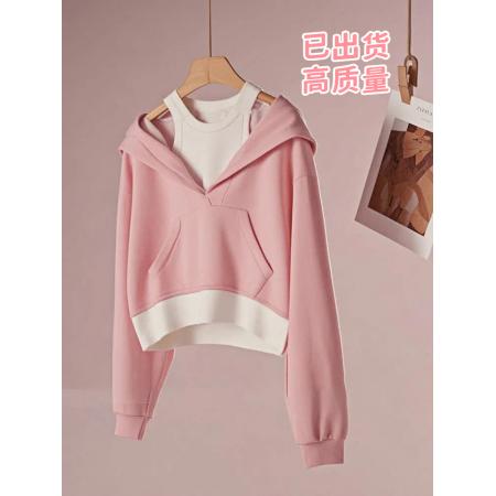 FA49728# 秋冬独特粉色假两件连帽卫衣女设计感小众超好看宽松长袖绝美上衣