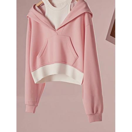 FA49728# 秋冬独特粉色假两件连帽卫衣女设计感小众超好看宽松长袖绝美上衣