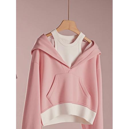 FA49728# 秋冬独特粉色假两件连帽卫衣女设计感小众超好看宽松长袖绝美上衣