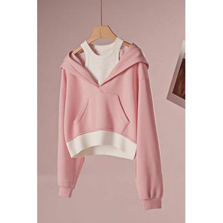 FA49728# 秋冬独特粉色假两件连帽卫衣女设计感小众超好看宽松长袖绝美上衣