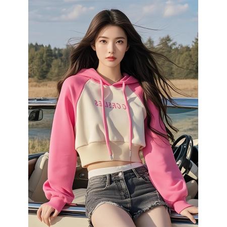 FA49729# 洋气独特别致卫衣连帽外套女春秋新款爆款时尚小个子短款上衣