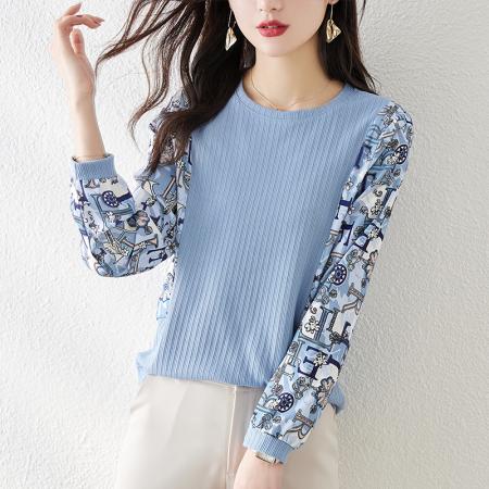 FA49731# 秋季圆领印花拼接雪纺长袖T恤新款打底衫内搭上衣女