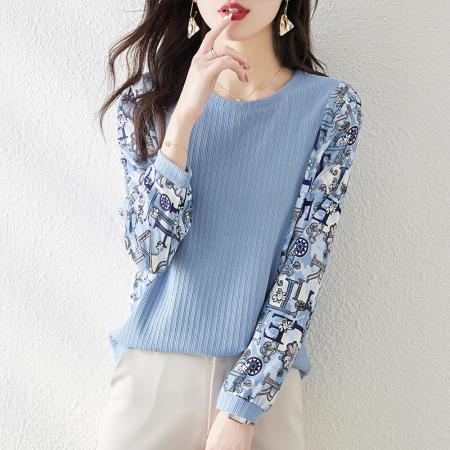 FA49731# 秋季圆领印花拼接雪纺长袖T恤新款打底衫内搭上衣女