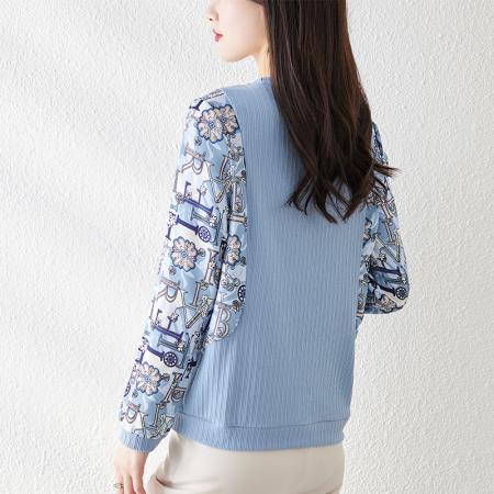 FA49731# 秋季圆领印花拼接雪纺长袖T恤新款打底衫内搭上衣女