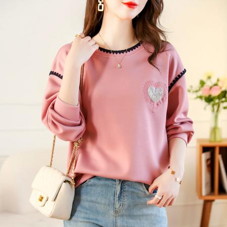 FA49732# 秋季圆领卫衣女秋新款欧洲宽松大码时尚洋气减龄钉珠上衣