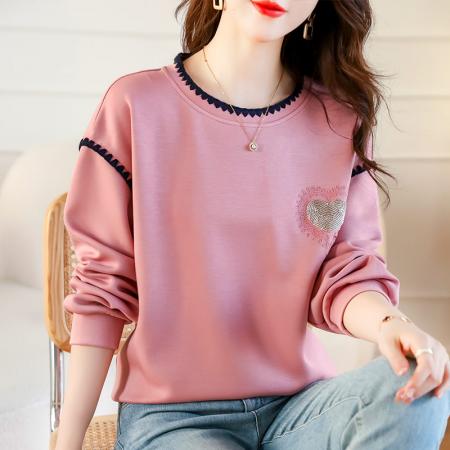 FA49732# 秋季圆领卫衣女秋新款欧洲宽松大码时尚洋气减龄钉珠上衣