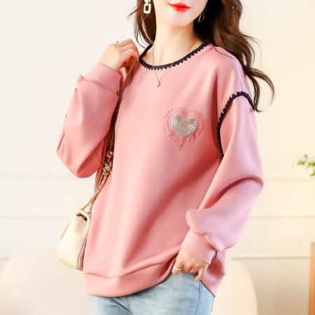 FA49732# 秋季圆领卫衣女秋新款欧洲宽松大码时尚洋气减龄钉珠上衣