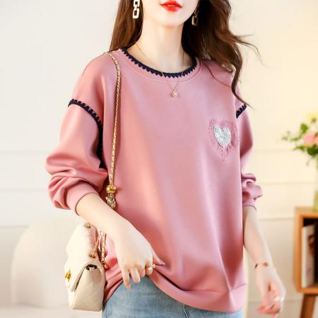 FA49732# 秋季圆领卫衣女秋新款欧洲宽松大码时尚洋气减龄钉珠上衣